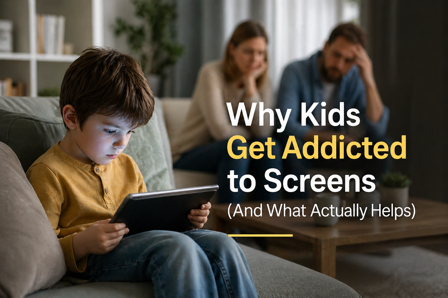 Child sitting on a couch using a tablet while parents watch in the background, illustrating screen addiction and family screen time challenges.