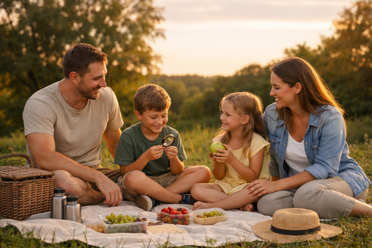 Happy family enjoying a screen-free outdoor picnic at sunset while children explore and share a calm moment together