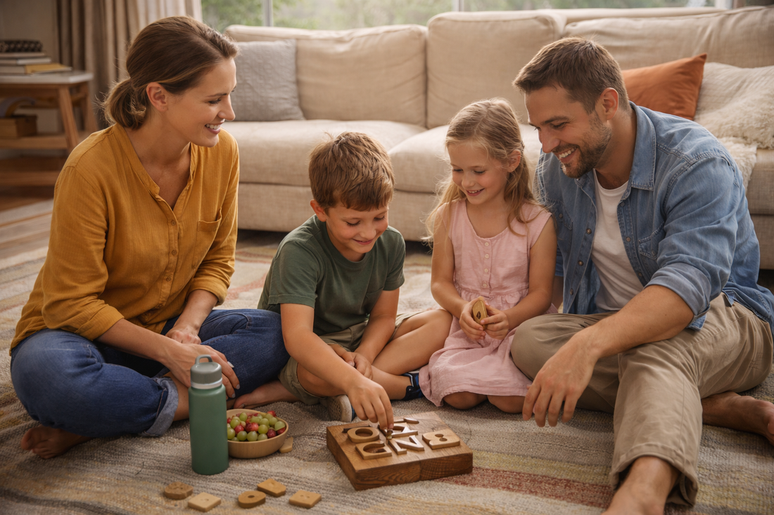 Happy family enjoying a calm screen-free weekend together at home while playing a wooden game in a warm, cozy living room