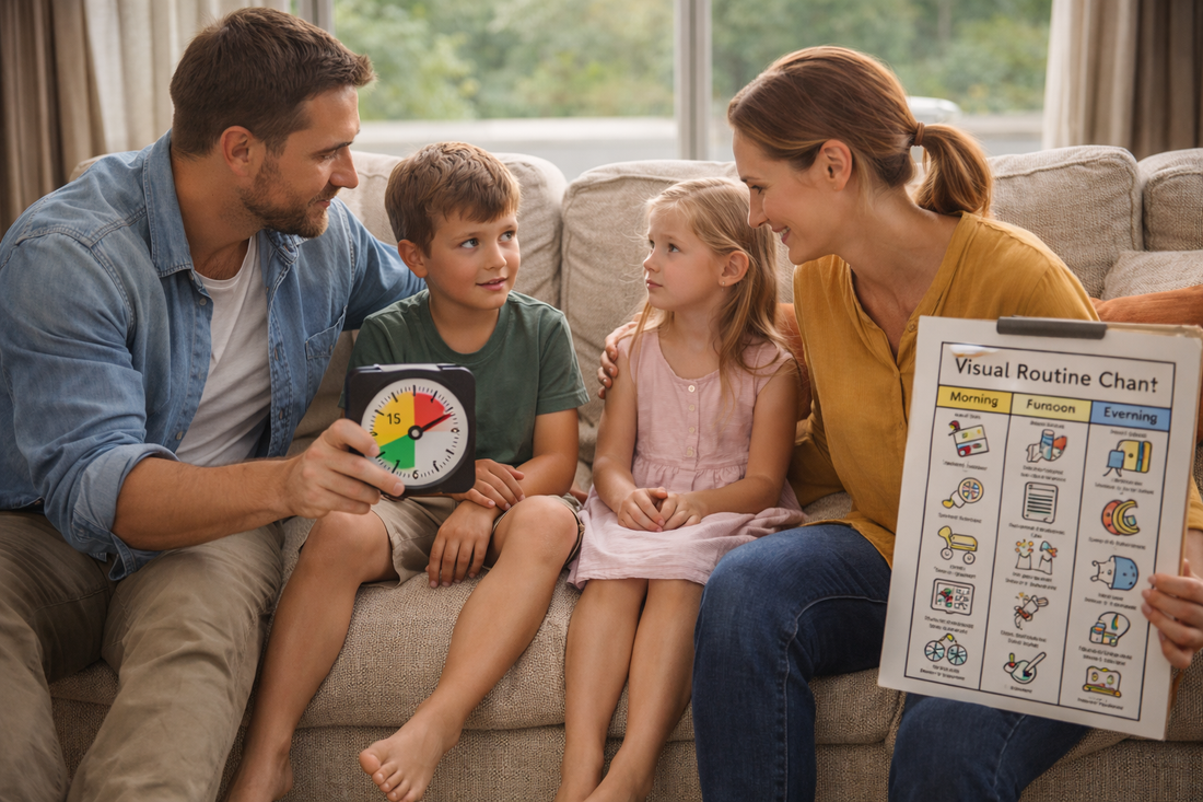 Happy family using a visual timer and routine chart to talk about calmer screen time limits together in a warm, bright living room