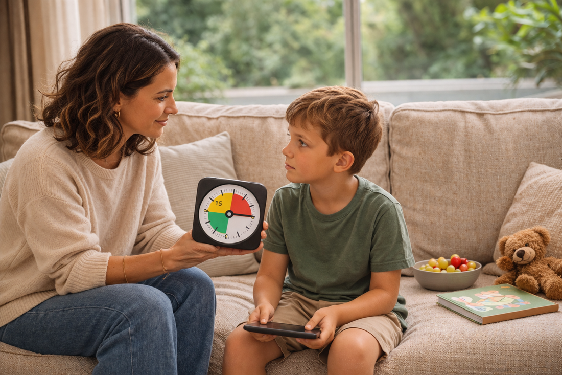 Mother using a visual timer to guide her son through a calm screen time transition in a warm, natural living room