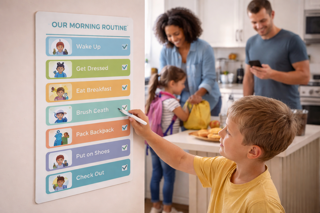Child using a morning routine chart in a bright family kitchen while parents help with a calm, structured start to the day