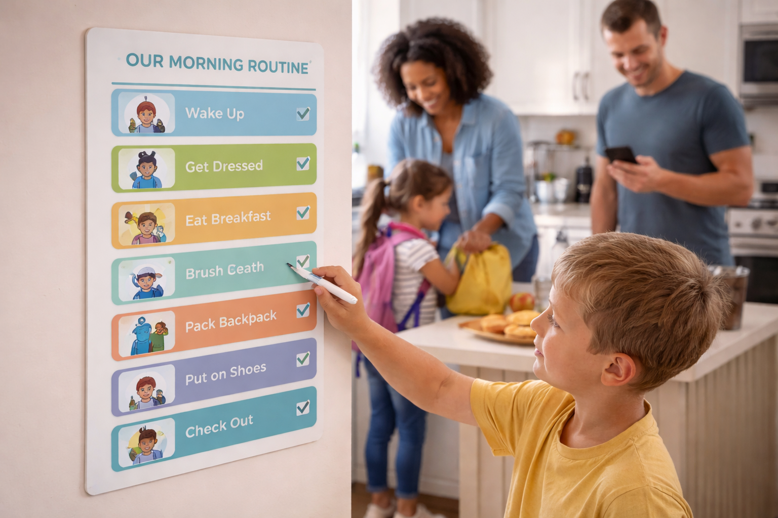 Child using a morning routine chart in a bright family kitchen while parents help with a calm, structured start to the day