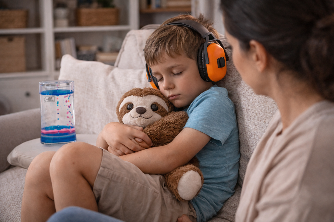 Overstimulated child resting with earmuffs, a weighted plush toy, and a calming liquid timer while a parent stays nearby in a quiet home setting