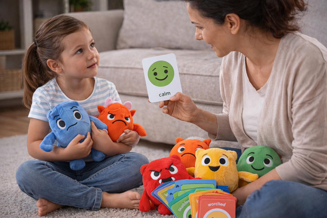 Mother helping her daughter name feelings with emotion plush toys and feeling cards during a calm conversation on a living room floor