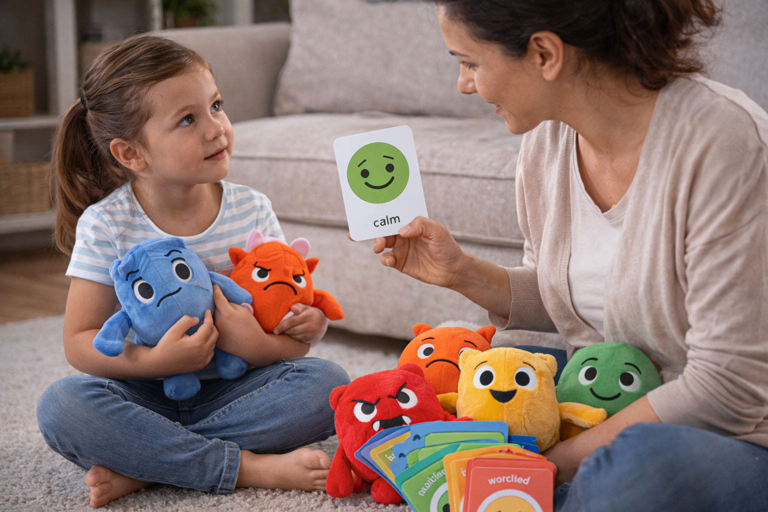 Mother helping her daughter name feelings with emotion plush toys and feeling cards during a calm conversation on a living room floor
