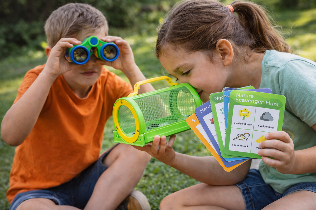 Children exploring the backyard with binoculars, a bug catcher, and nature scavenger hunt cards during a screen-free outdoor activity