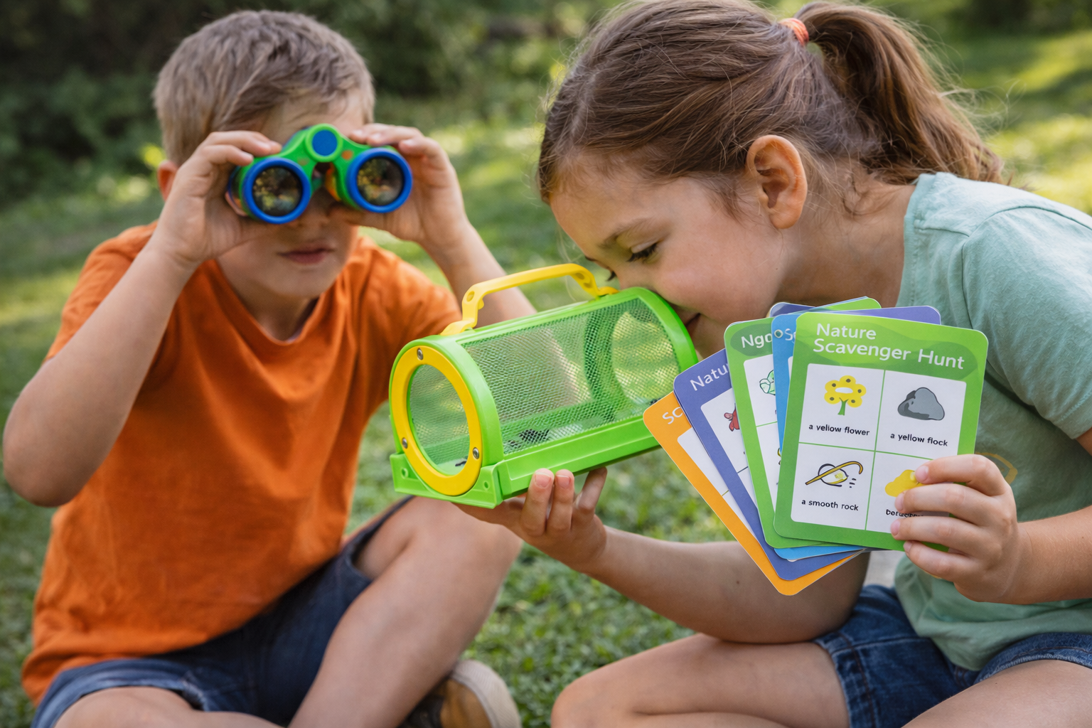 Children exploring the backyard with binoculars, a bug catcher, and nature scavenger hunt cards during a screen-free outdoor activity