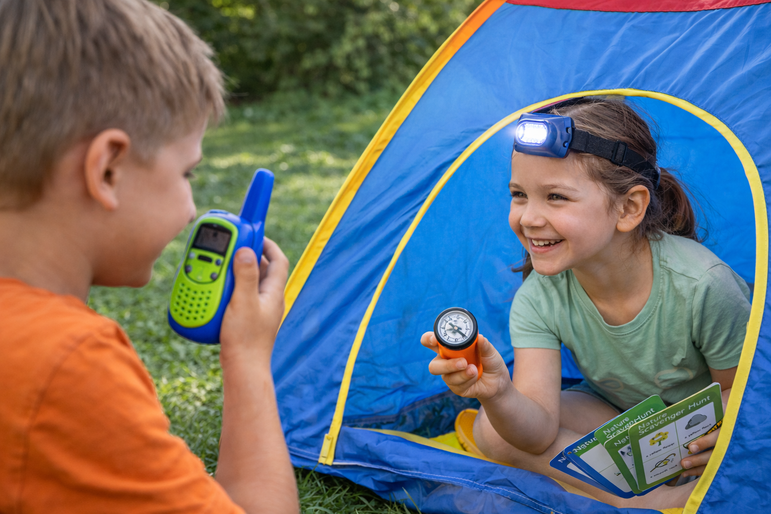 Children playing outdoors with walkie talkies, a compass, a headlamp, and a pop up tent during a screen-free backyard adventure