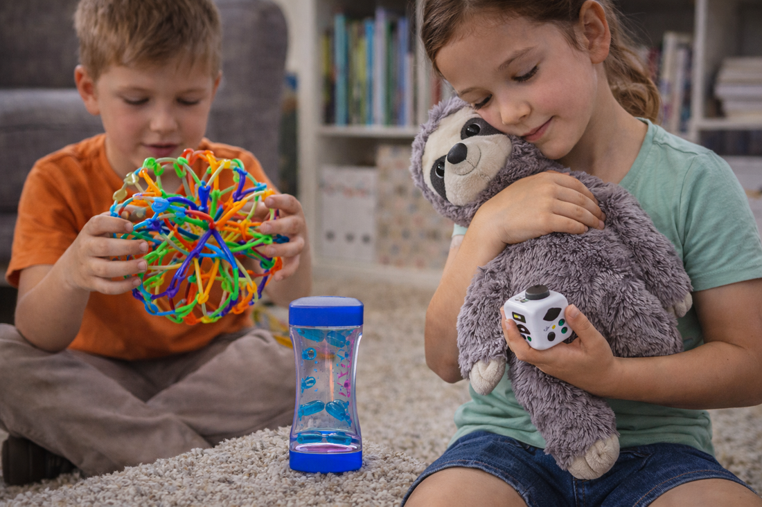 Children using calming tools for a fast reset with a breathing ball, weighted plush toy, fidget cube, and liquid motion timer in a cozy home setting