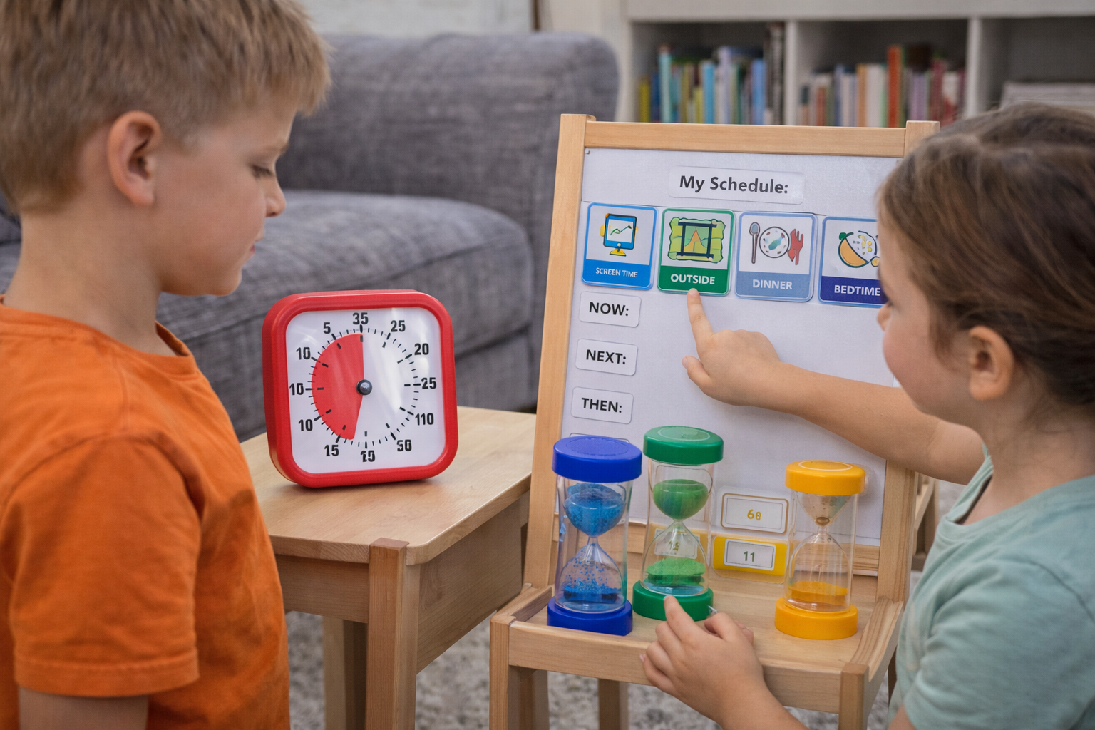 Children using a visual timer, schedule board, and sand timers to move calmly through a daily transition at home