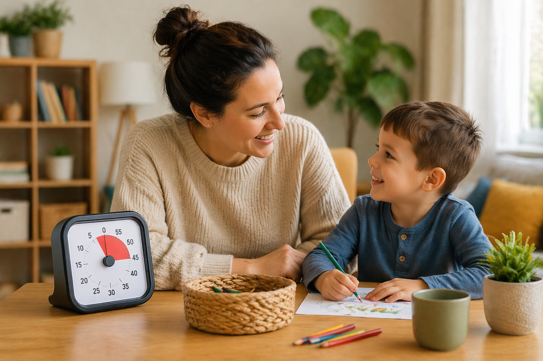parent helping child draw at table with visual timer to support smoother screen time transitions at home