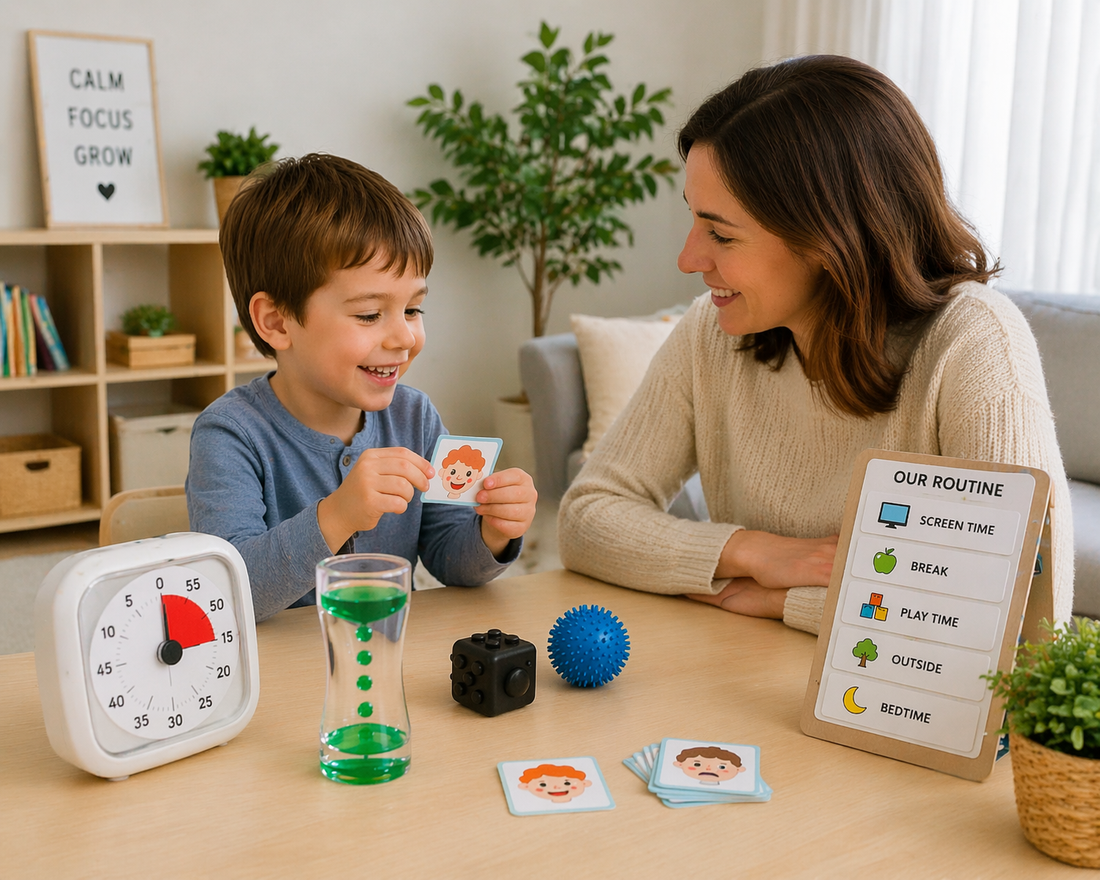 parent and child using visual timer and routine board to support smooth screen time transition at home