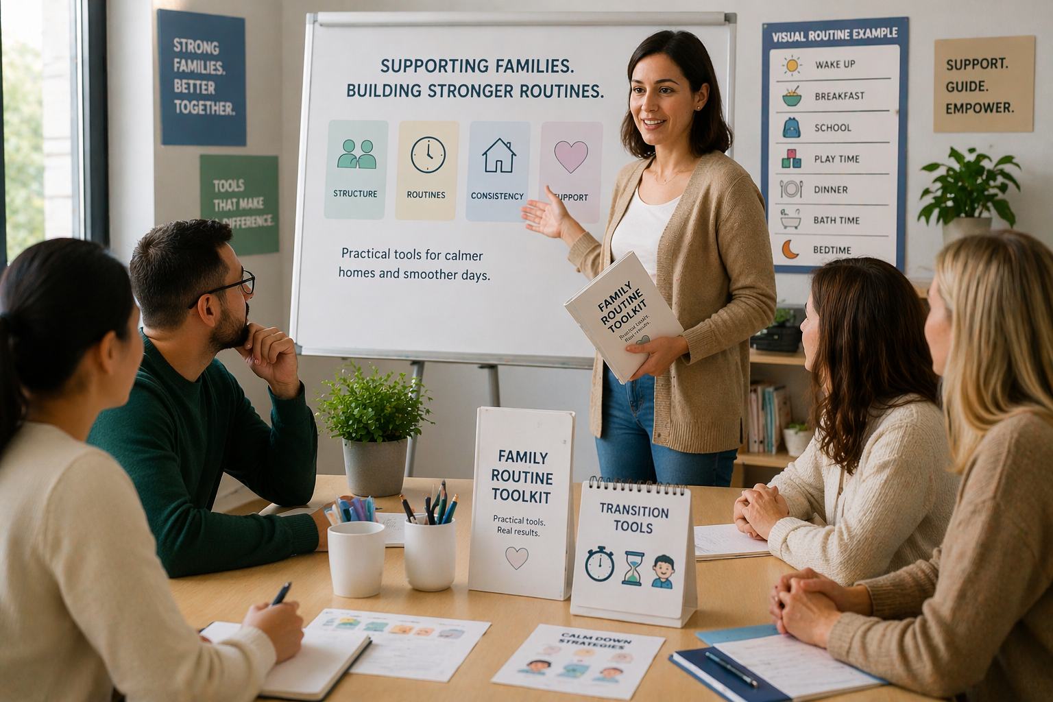 parenting workshop with educators using visual routines and structured tools to support families and reduce screen time conflict