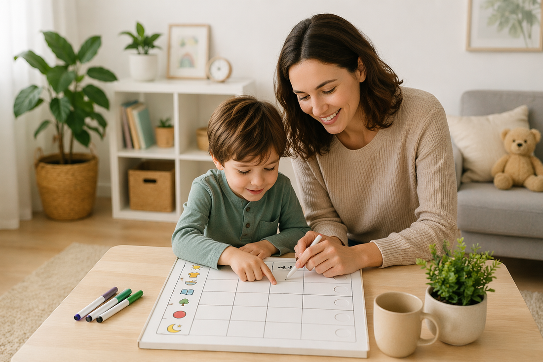 parent and child creating a simple daily routine chart together at home to support structure and reduce screen time