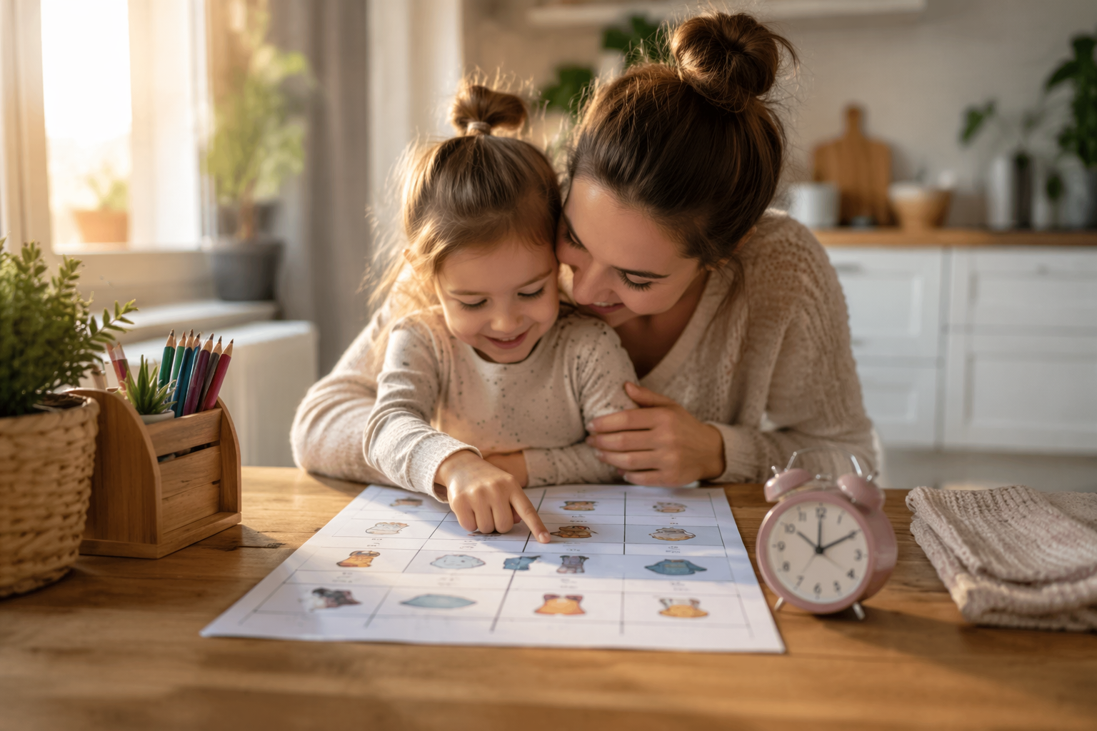parent and child smiling together while following a simple visual daily routine chart at a kitchen table in a warm, calm home environment