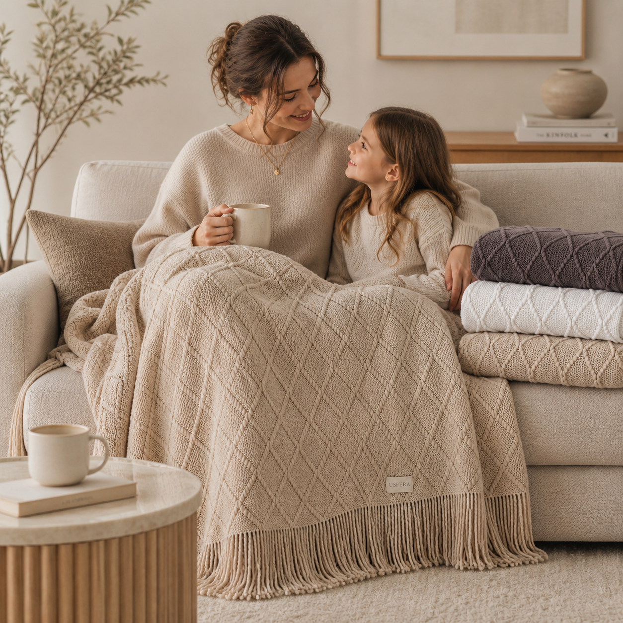 Mother and child sitting together under a cream Nordic knit throw blanket in a calm living room, creating a softer screen-free evening routine.