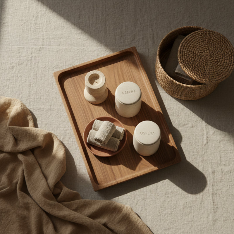 Calm home essentials flat lay with acacia wood tray, ceramic accessories, linen throw and candle holders