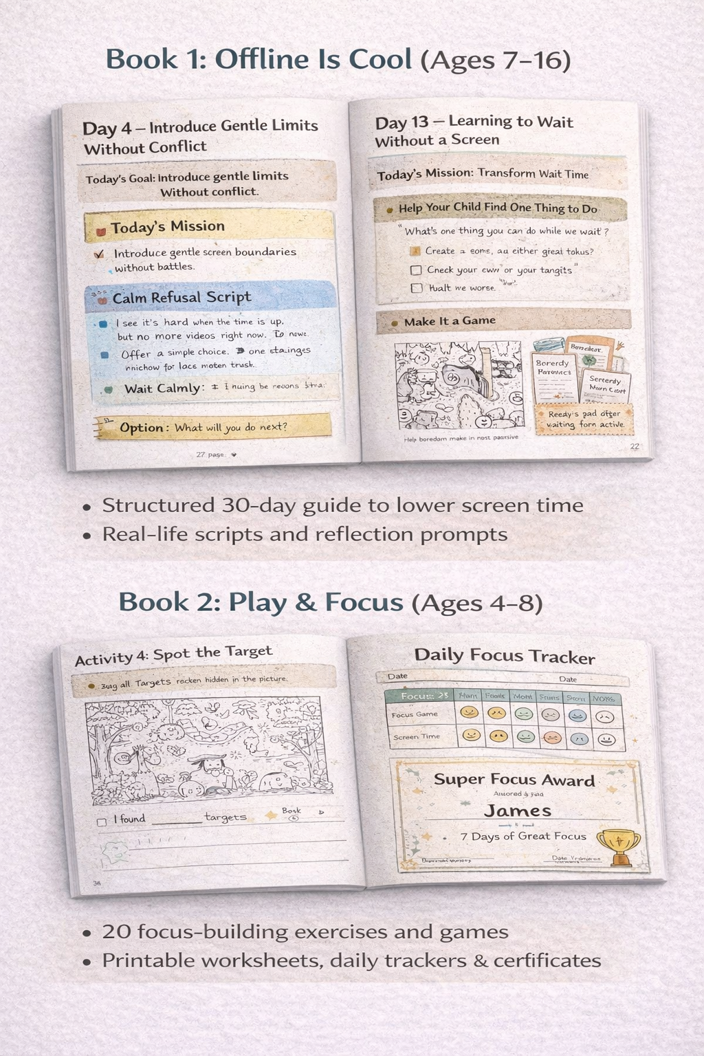 Sample pages from Offline Is Cool 30-Day Screen Reset and Play & Focus attention workbook for kids