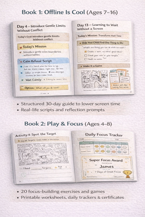 Sample pages from Offline Is Cool 30-Day Screen Reset and Play & Focus attention workbook for kids