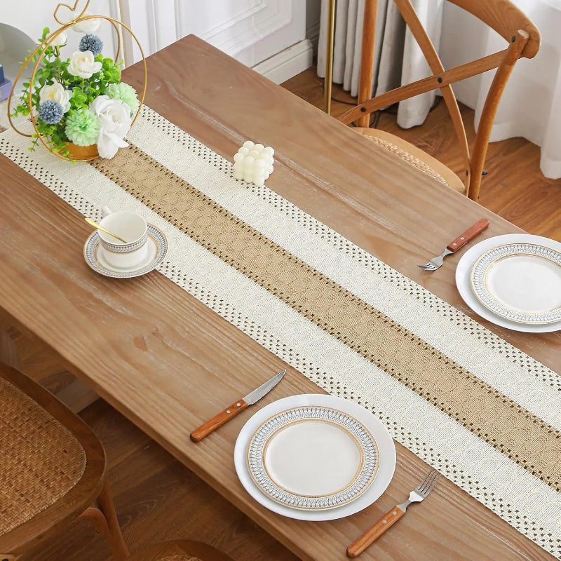 Beige cotton linen table runner for calmer family meals and dining room decor