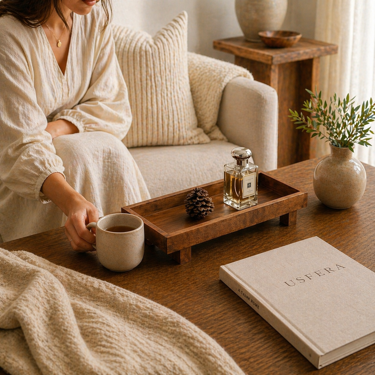 wooden tray with coffee cup and decor on warm minimalist coffee table in cozy calm home