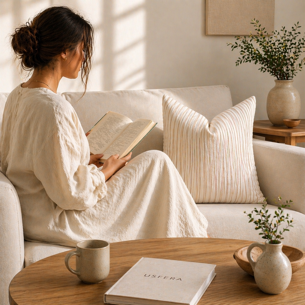 woman reading on beige sofa with linen striped pillow in calm minimalist living room