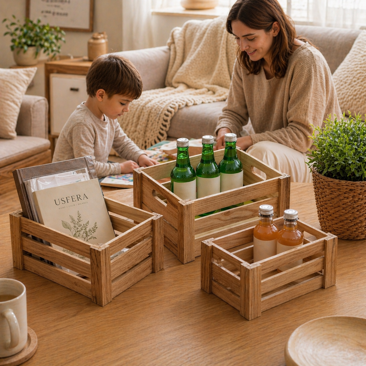 wooden storage boxes organizing drinks and books in cozy family living room with mother and child