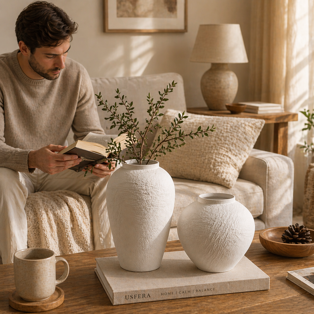 minimalist ceramic vase set on wooden table in calm neutral living room with natural light
