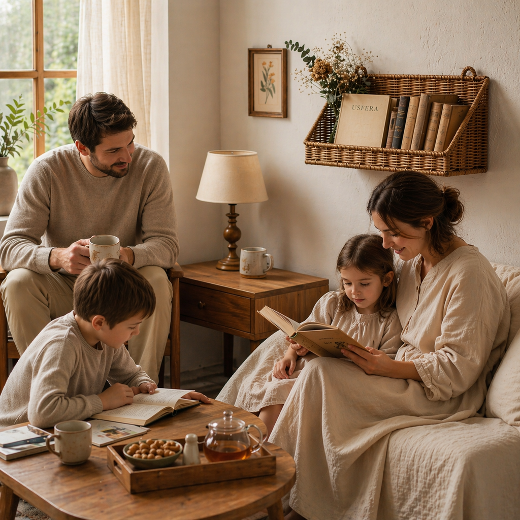 Woven wall basket with books in a calm family reading corner, neutral tones and natural light