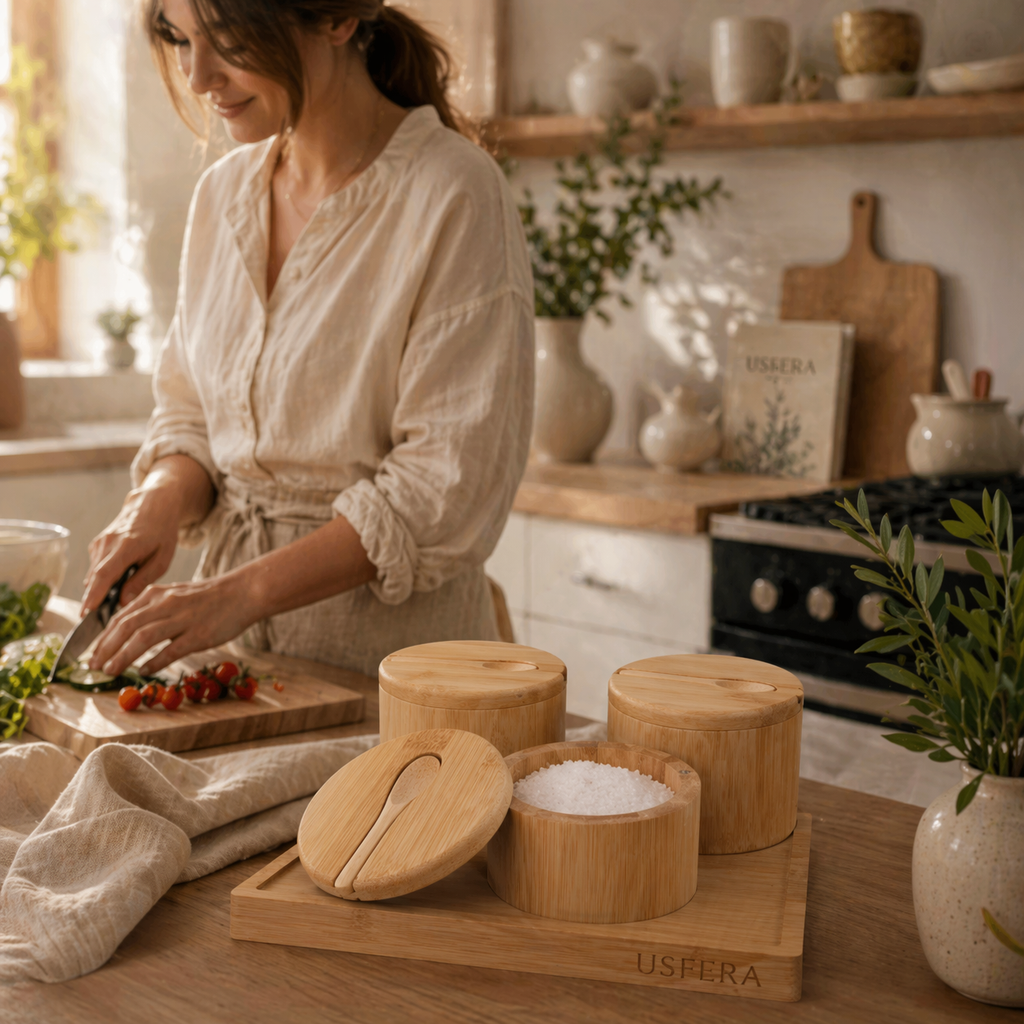 minimal bamboo spice jar set on neutral kitchen counter in calm home setting