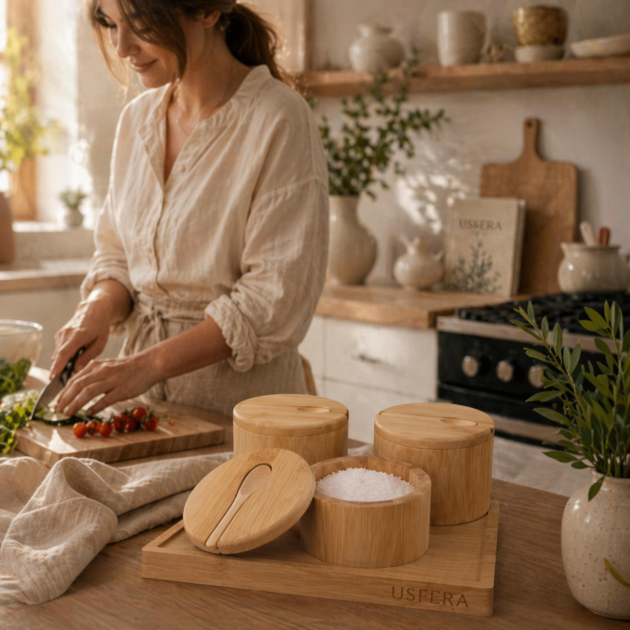 minimal bamboo spice jar set on neutral kitchen counter in calm home setting