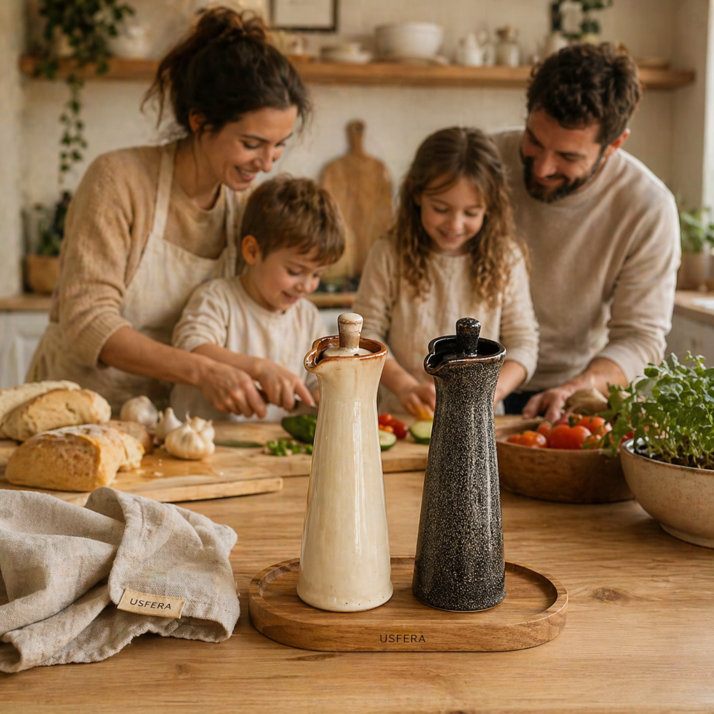 ceramic oil bottle set on kitchen counter in calm neutral home setting
