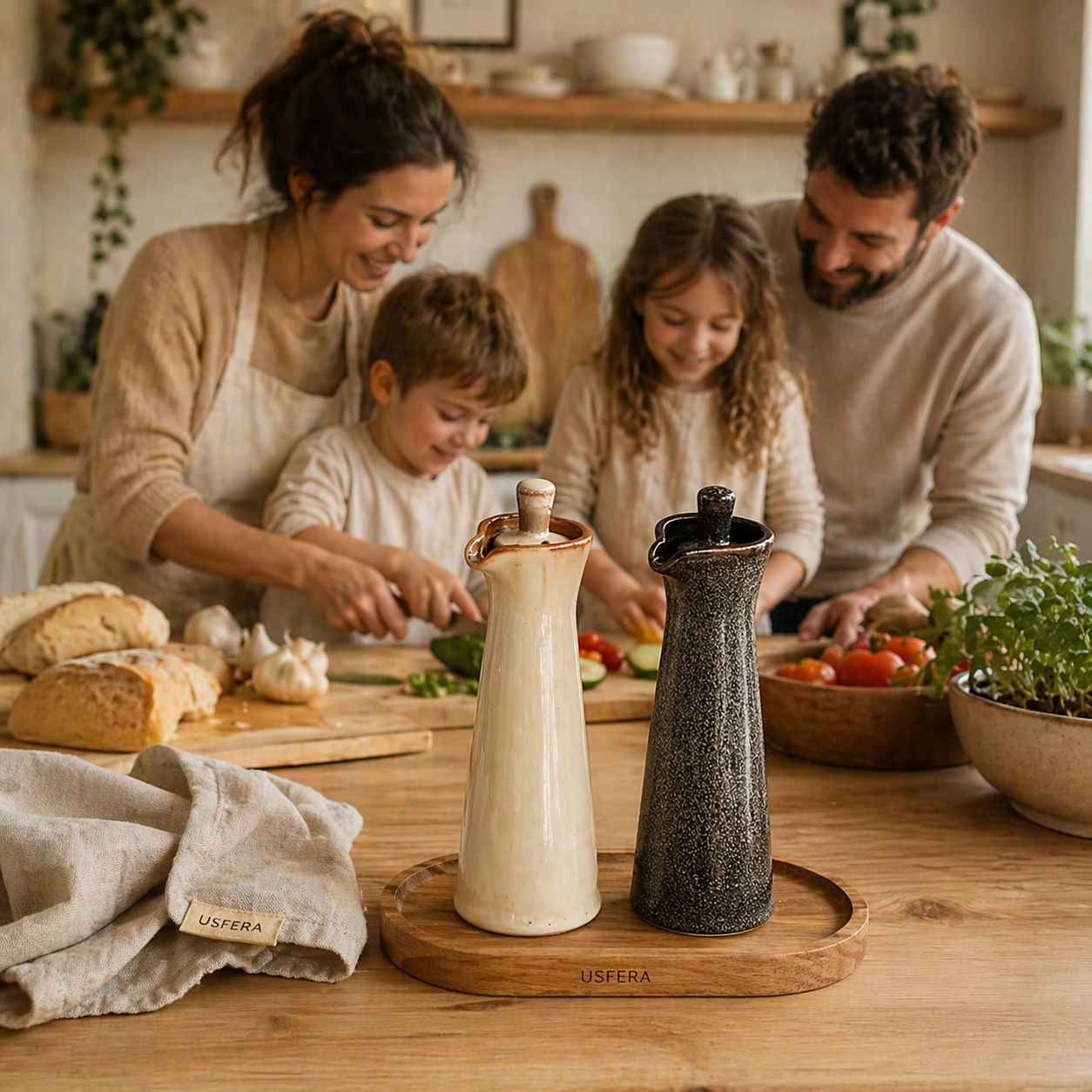 ceramic oil bottle set on kitchen counter in calm neutral home setting