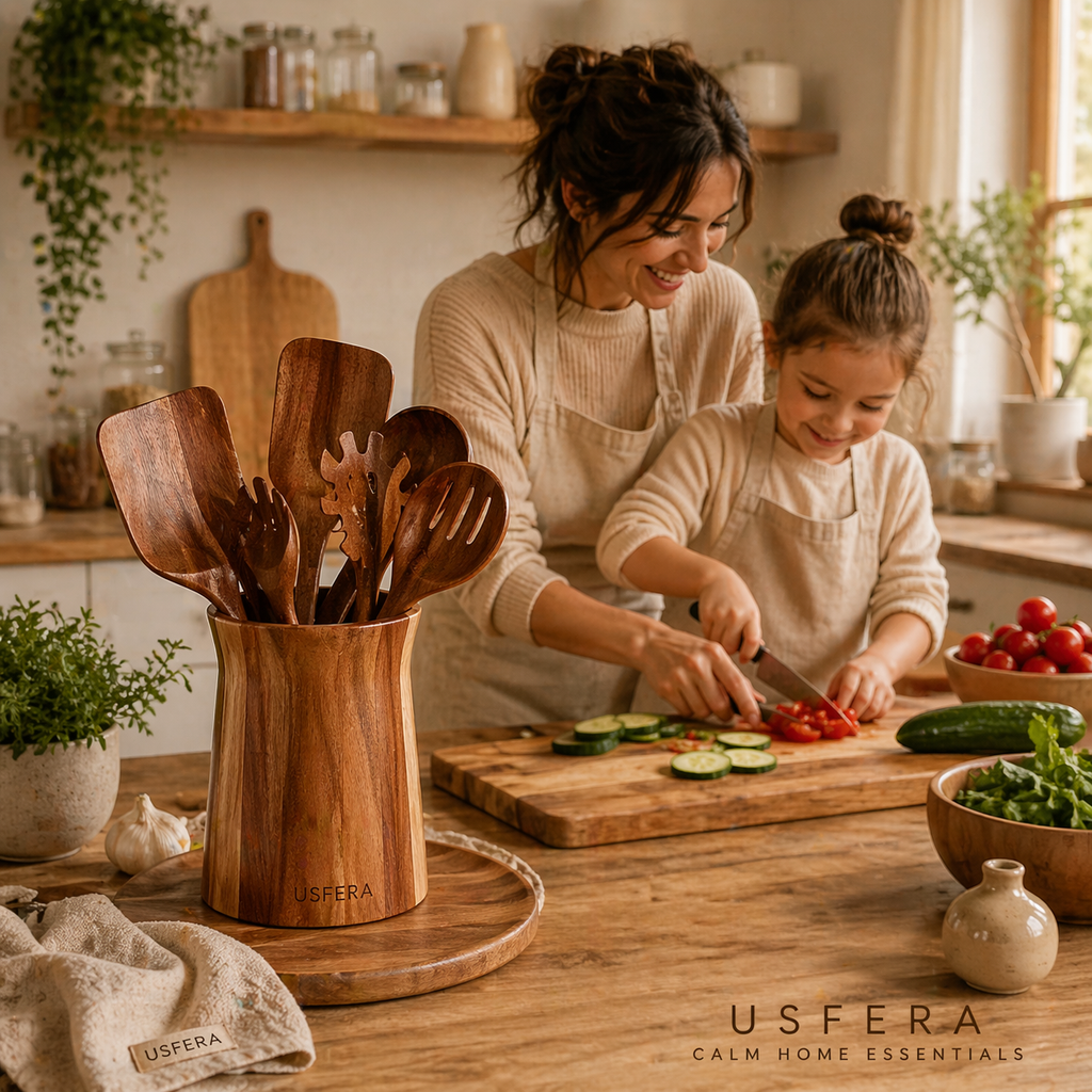 wooden utensil holder on kitchen counter with natural utensils minimalist calm kitchen