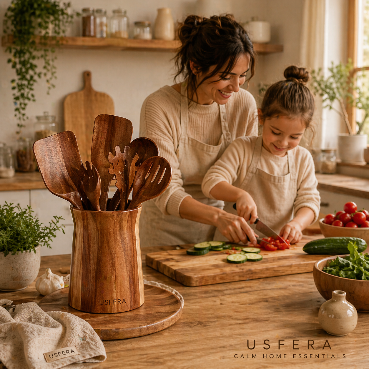 wooden utensil holder on kitchen counter with natural utensils minimalist calm kitchen