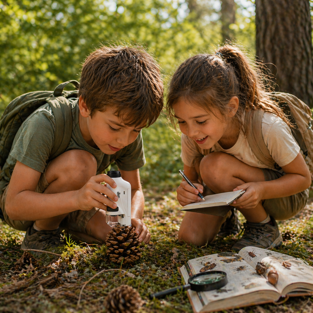 kids using pocket microscope outdoors exploring nature, children observing pinecone with handheld microscope, outdoor learning activity for kids nature exploration, forest discovery with kids science toy, calm family outdoor activity screen-free learning