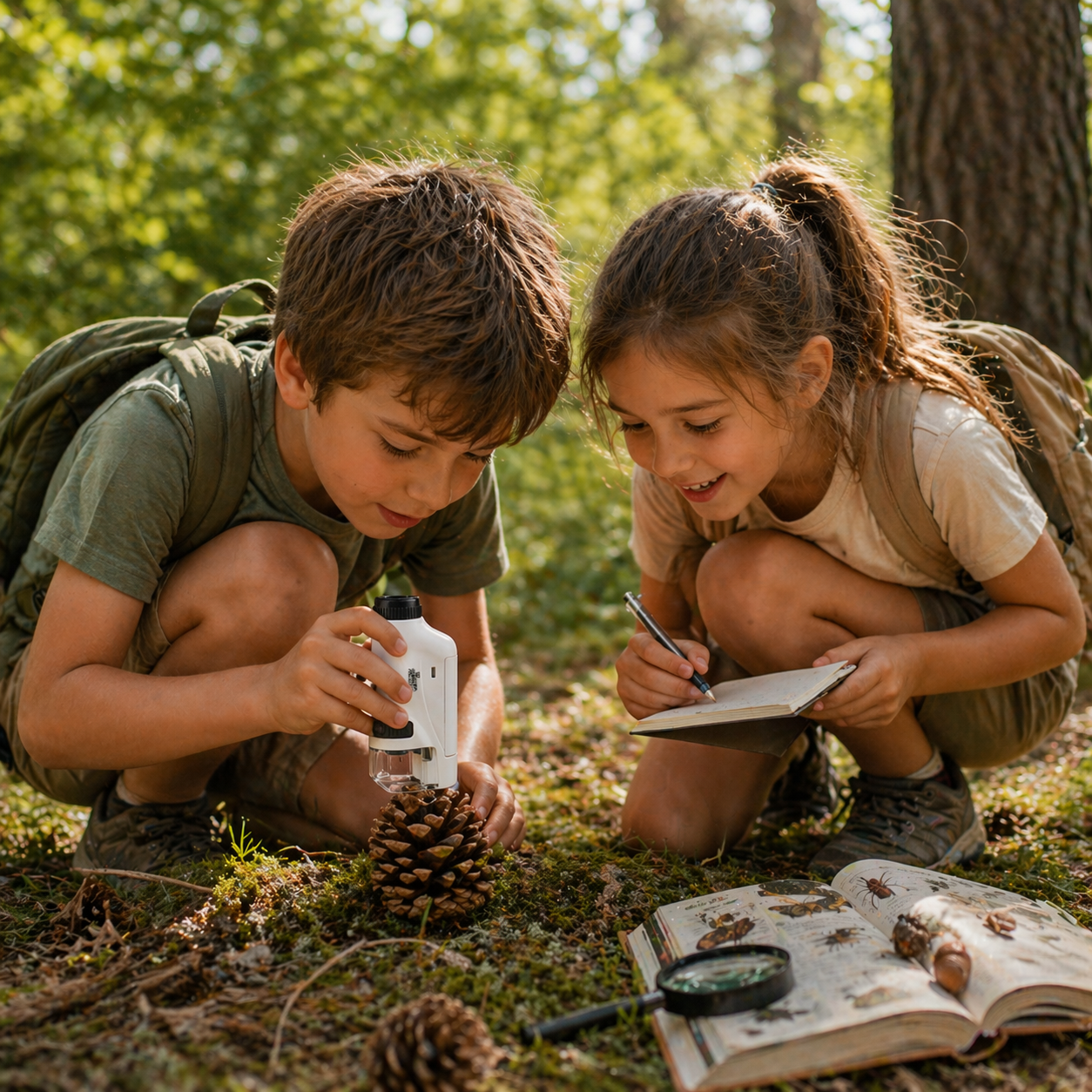 kids using pocket microscope outdoors exploring nature, children observing pinecone with handheld microscope, outdoor learning activity for kids nature exploration, forest discovery with kids science toy, calm family outdoor activity screen-free learning