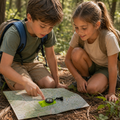 kids using compass outdoors exploring forest, children learning navigation with map and compass, outdoor adventure activity for kids nature exploration, screen-free family outdoor learning with compass, kids hiking navigation skills with map and compass