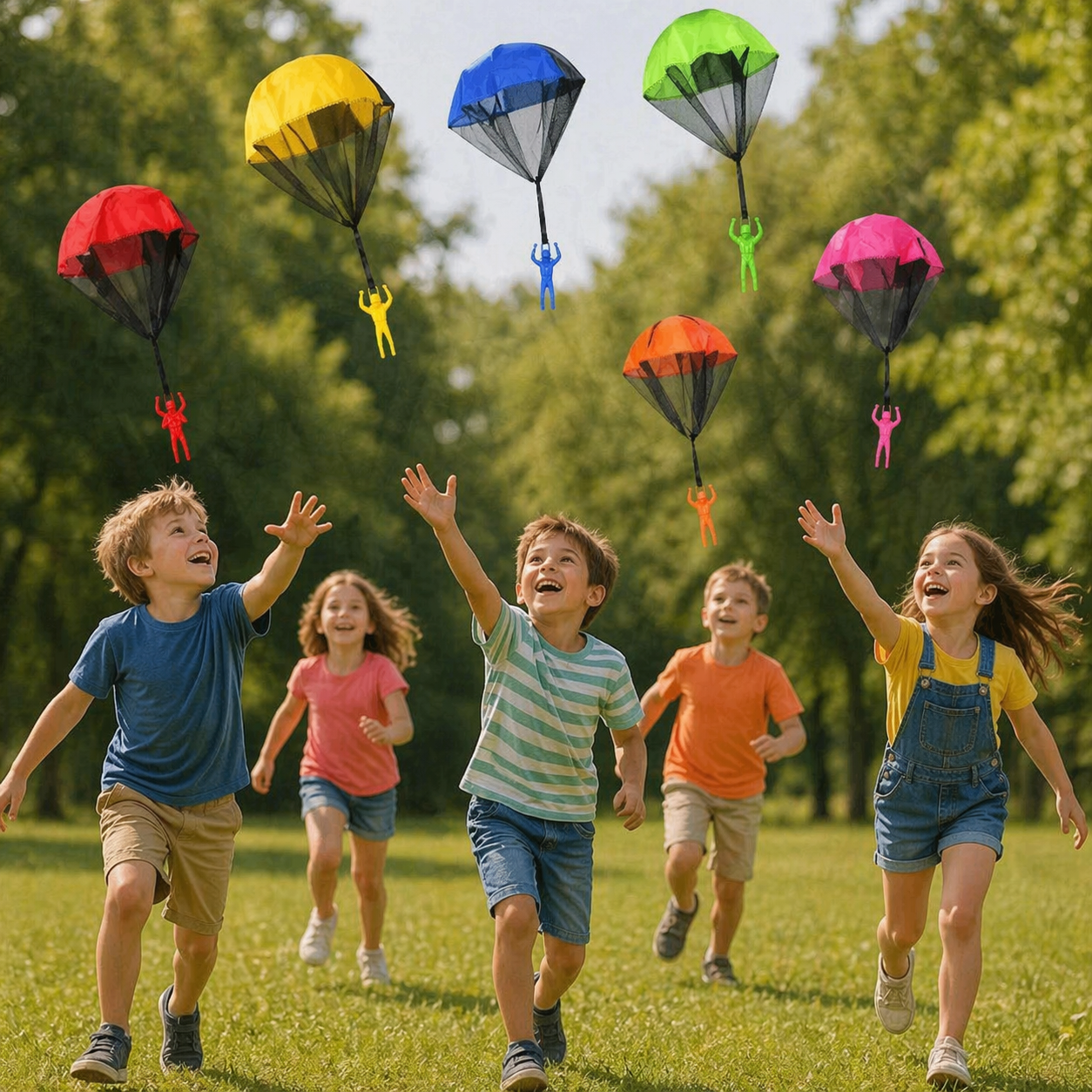 kids playing with parachute toys outdoors in park, children running and catching colorful parachutes, outdoor screen-free play activity for kids, fun group game with parachute toys in nature, active kids enjoying outdoor playtime in sunny park