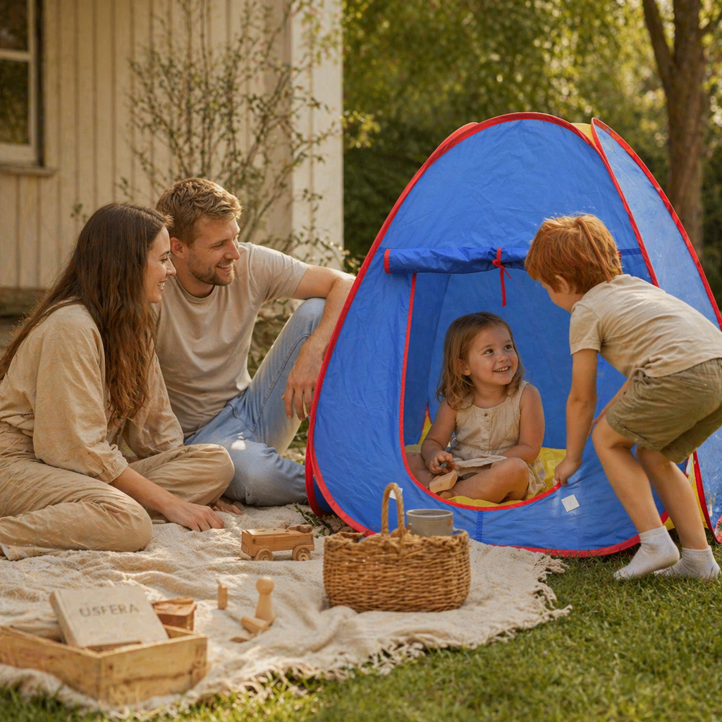 family playing with kids pop up tent in backyard, parents watching children play inside blue tent, calm outdoor family time, screen free play, natural lifestyle scene