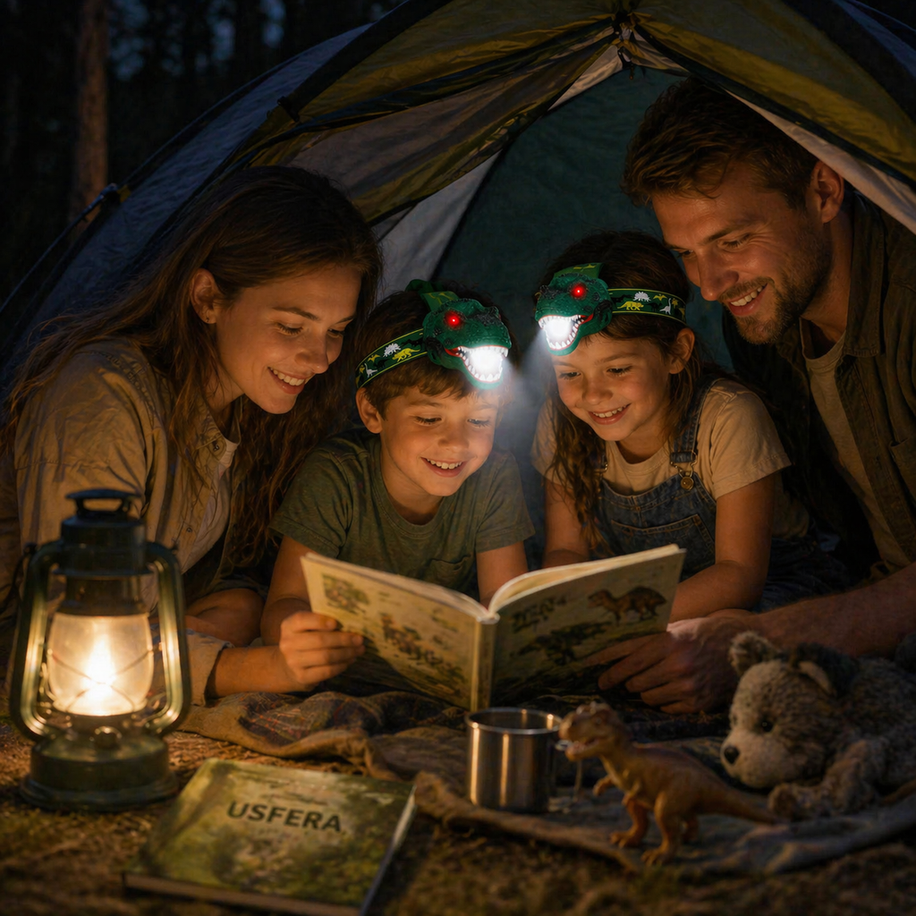 family camping in tent at night using kids headlamp, children reading together with parents, soft warm light, screen free outdoor adventure, cozy family bonding scene