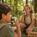 kids using walkie talkies in forest, children communicating outdoors with handheld radios, screen free outdoor play, nature exploration with kids, family adventure lifestyle scene
