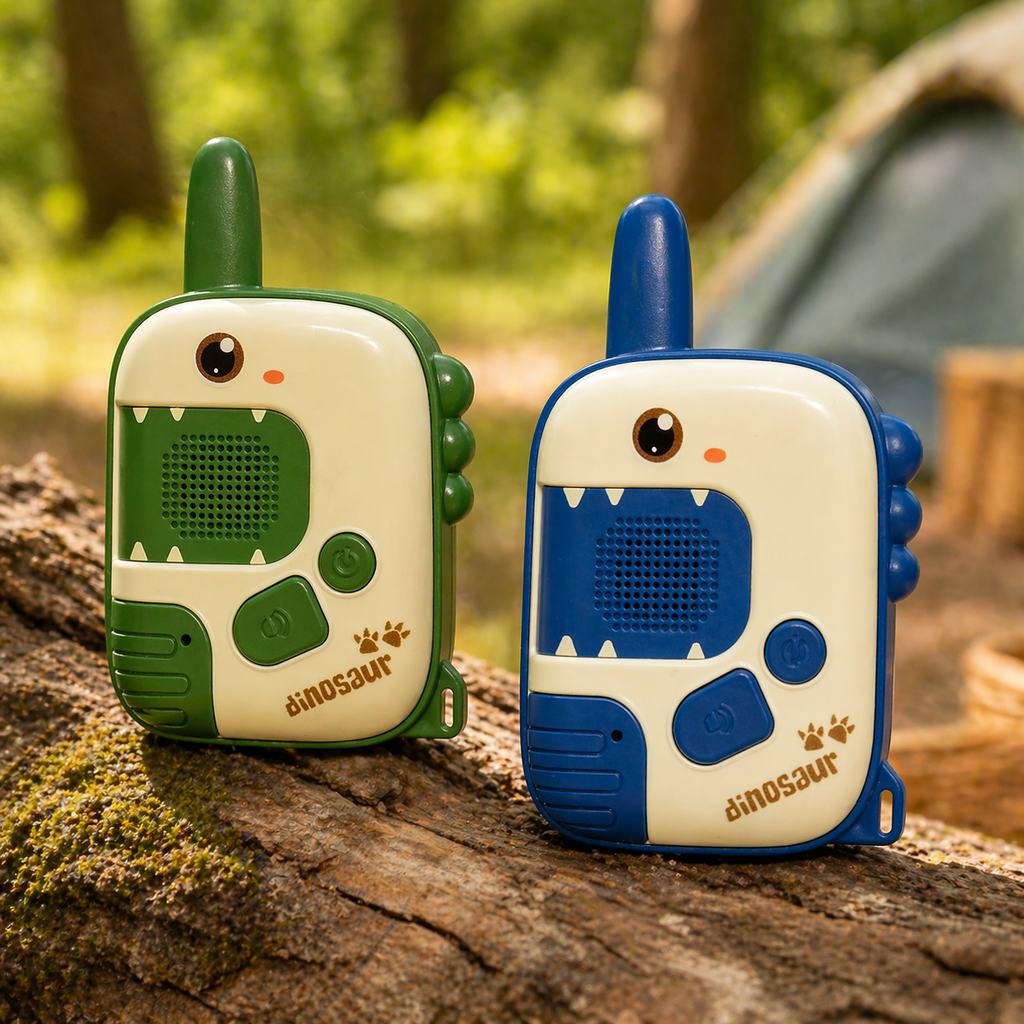 kids walkie talkie set on wooden log outdoors, colorful children communication toys in nature, screen free outdoor play gear, kids adventure toys in forest setting