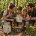 Family using nature scavenger hunt cards outdoors, exploring together in a calm, screen-free moment surrounded by trees and natural elements