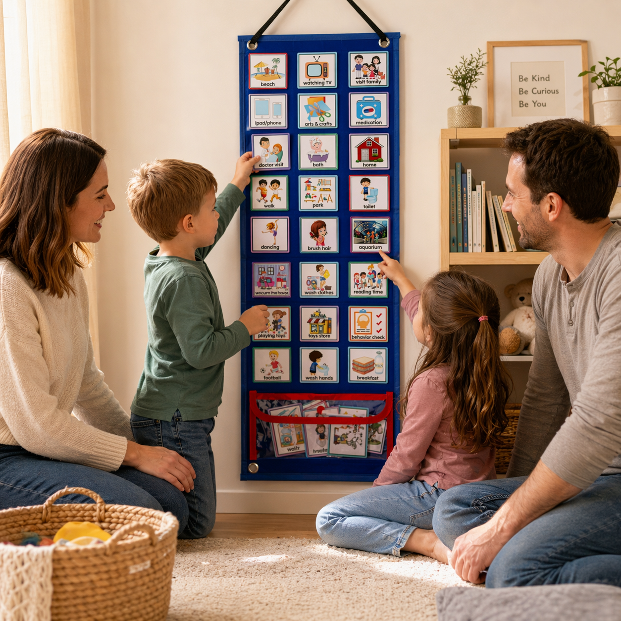Family using a blue visual schedule board on the wall, with two children placing routine cards while parents sit nearby on a cozy rug in a warm, minimalist home setting.