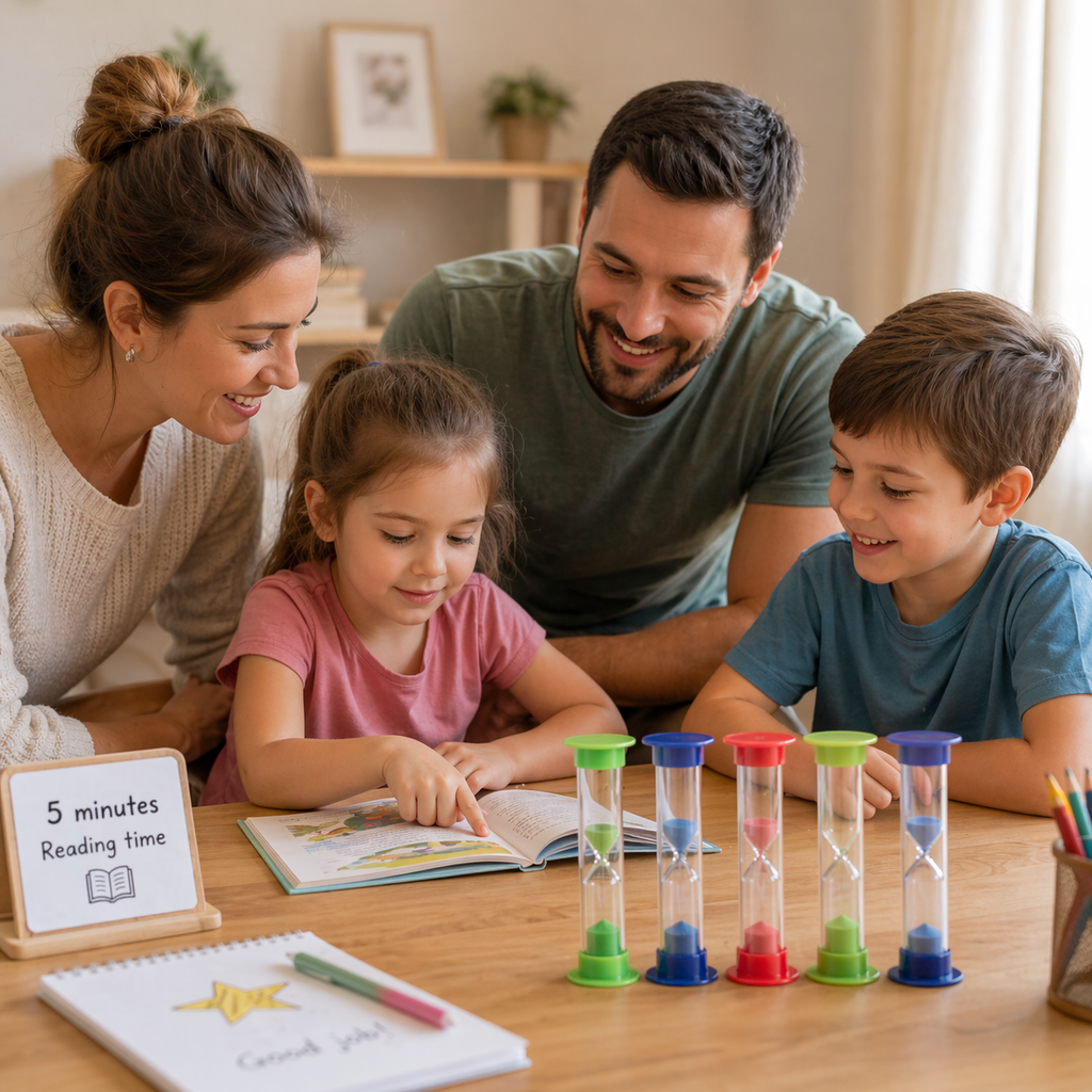 Family using colorful sand timers at a wooden table while a child reads, with parents guiding calmly in a warm, minimalist home setting focused on screen-free routines.
