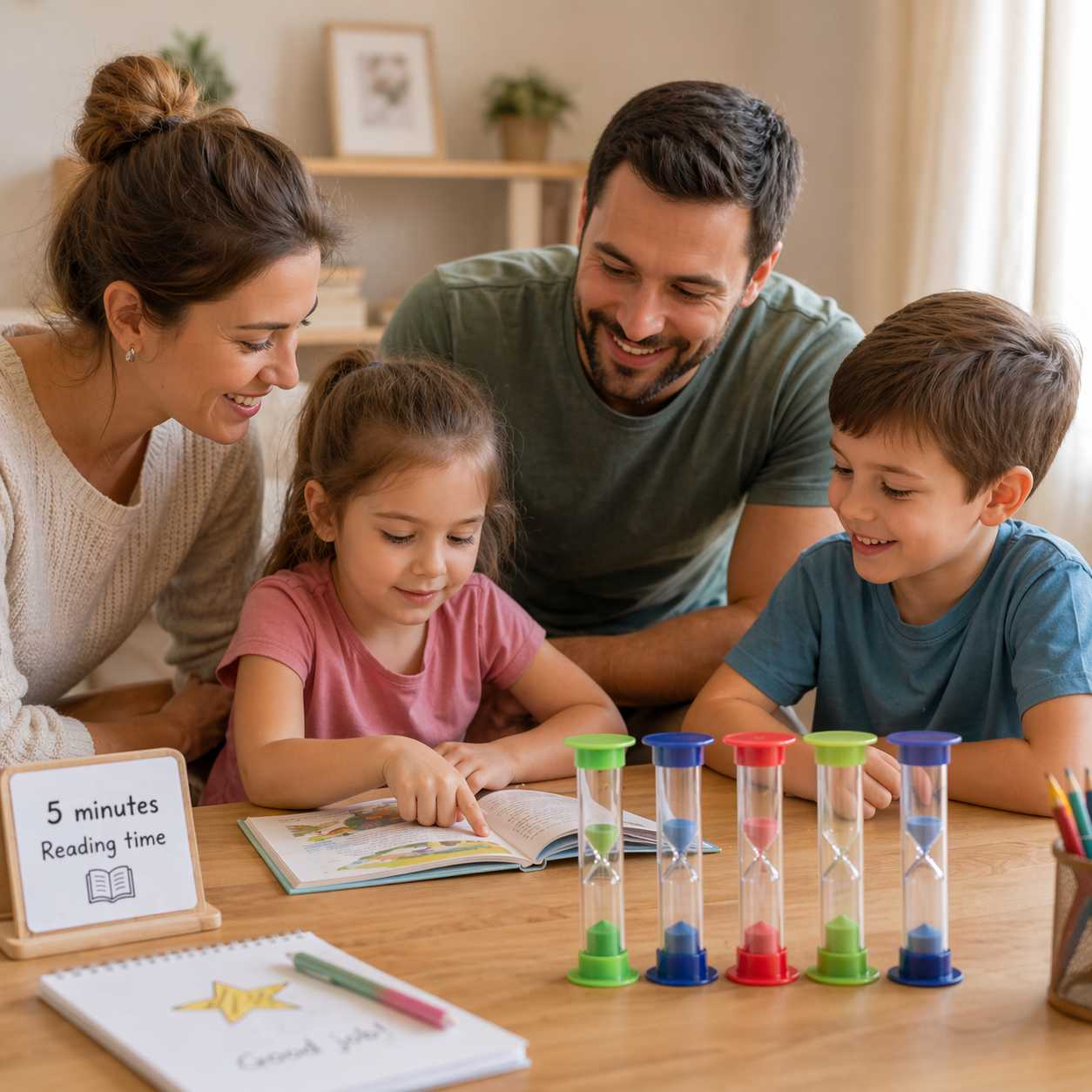 Family using colorful sand timers at a wooden table while a child reads, with parents guiding calmly in a warm, minimalist home setting focused on screen-free routines.