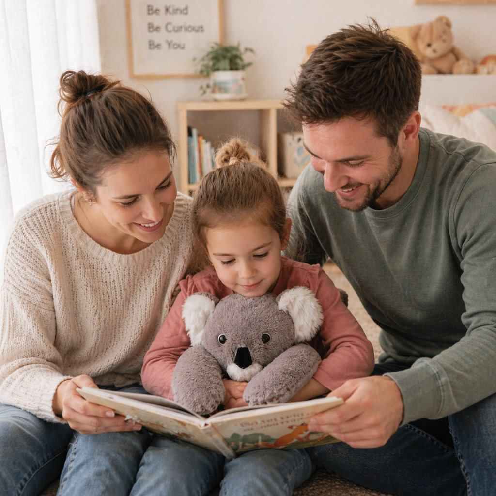 Child holding a weighted plush toy while reading with both parents in a warm, cozy home setting, creating a calm and comforting family moment.