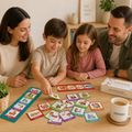 Children arranging visual routine cards on a table while a parent gently guides them, creating a calm and structured screen-free moment at home.